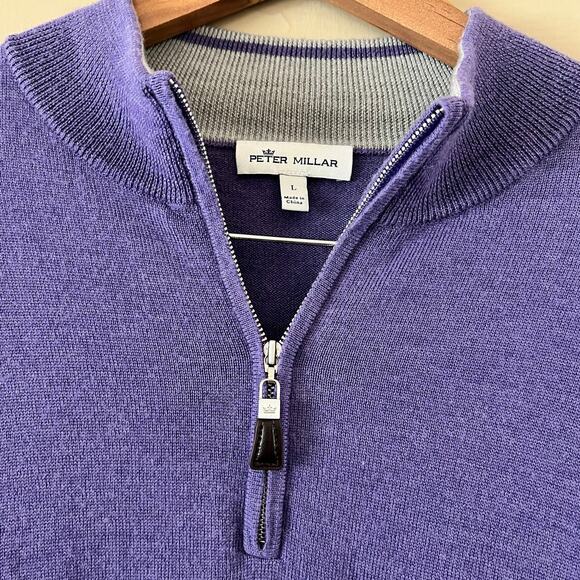 Peter Millar Men's Purple Merino Wool 1/4 Zip Golf Pullover Sweater | Size L - Picture 1 of 6